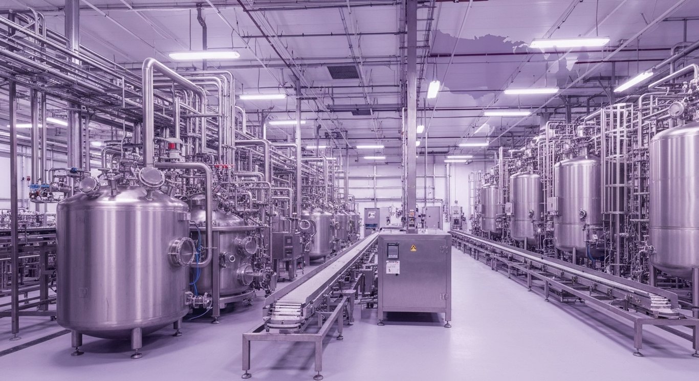 Pharmaceutical manufacturing facility interior with stainless steel reactors, conveyor lines, and a faint U.S. map silhouette