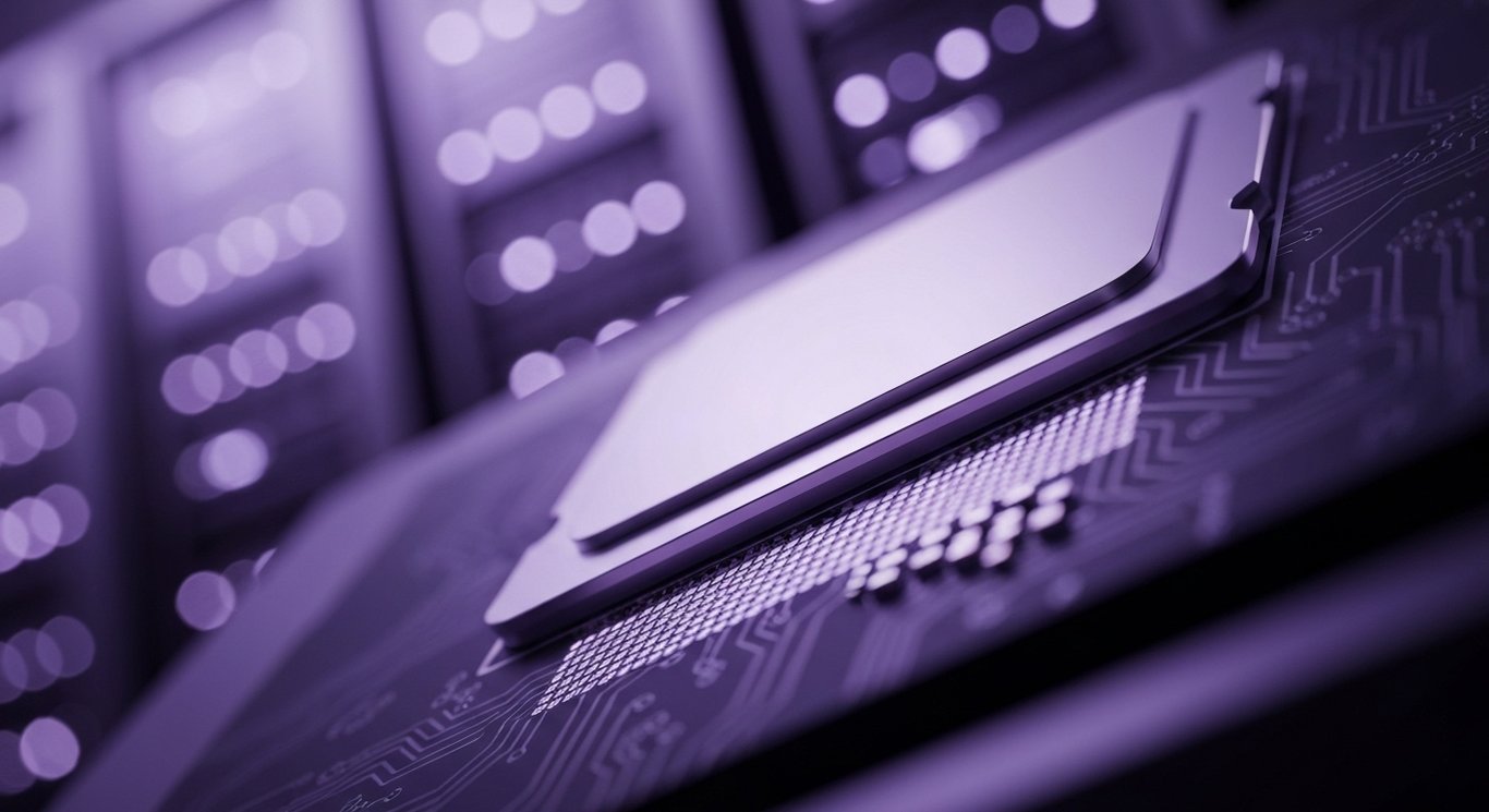 Computer chip in a futuristic server room with soft purple lighting and minimalistic surroundings