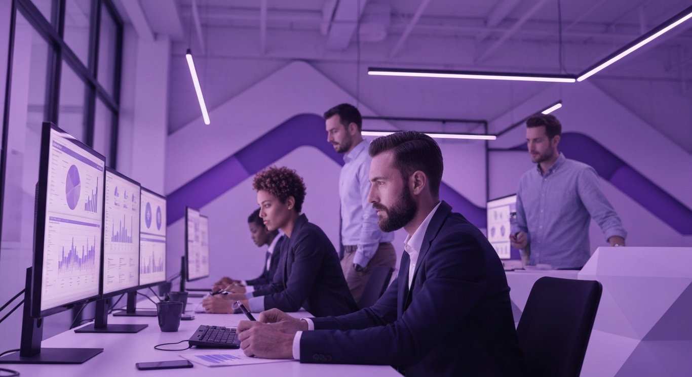 Business analysts review digital data charts in a modern office with abstract purple background