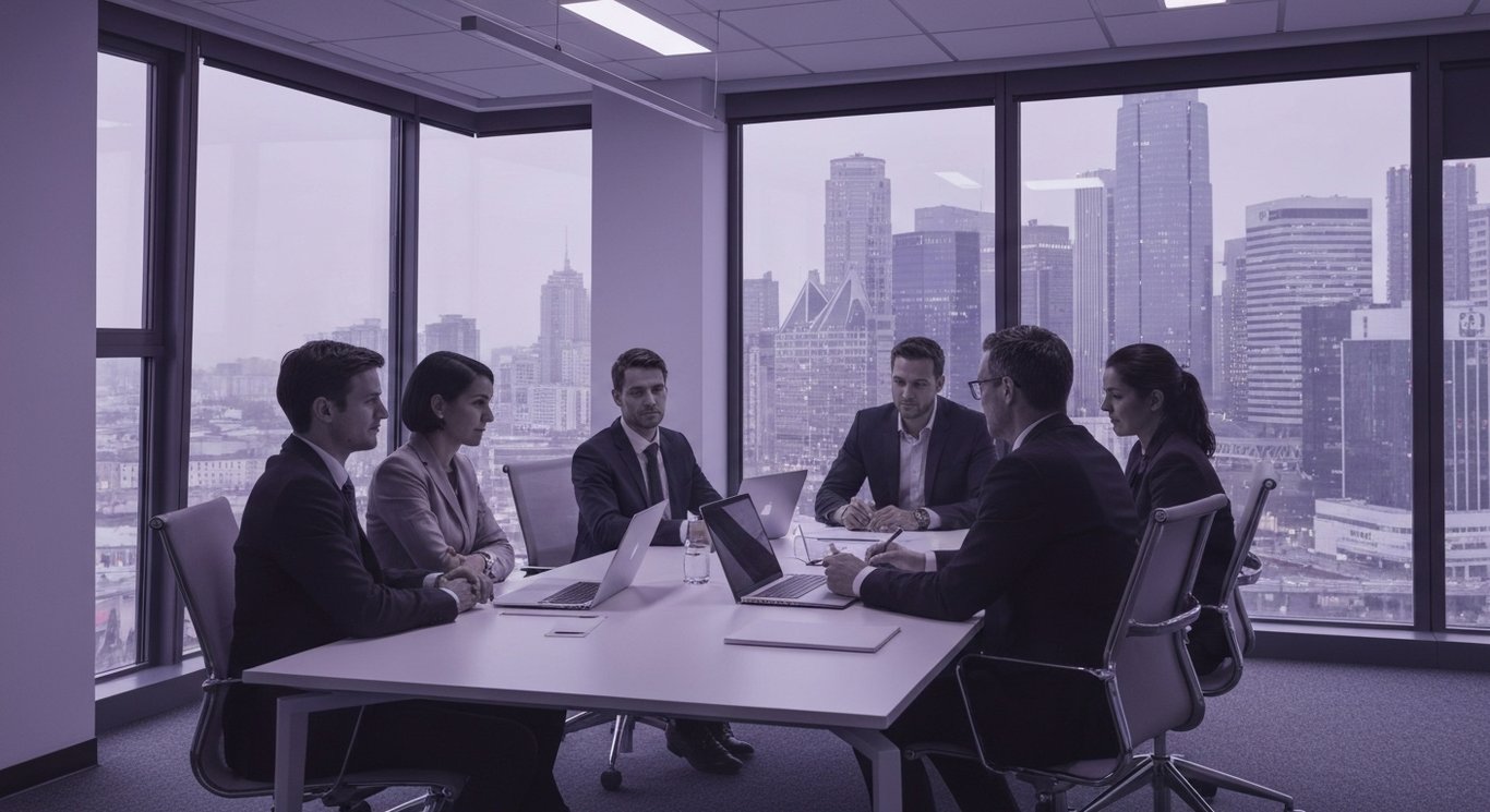 Business meeting with financial analysts in a modern office with a soft purple cityscape background