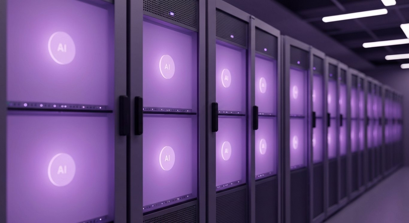 Cloud server racks with glowing AI nodes in a modern data center with a purple color scheme