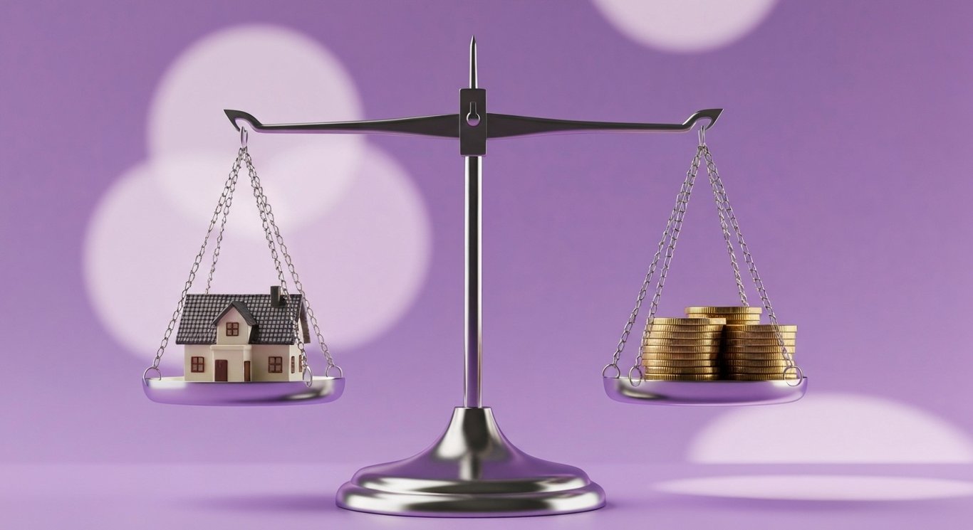 Balance scale with small house and coin stack on glass surface against soft purple gradient