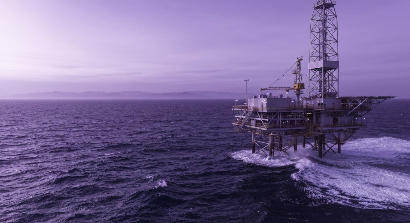 Oil rig platform stands in the ocean with gentle waves and a soft purple-toned sky in the background
