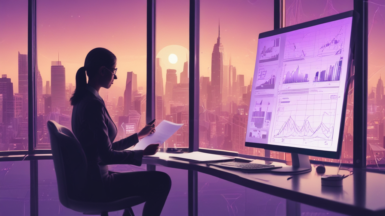Businesswoman analyzing charts at a desk with a blurred city skyline in the background