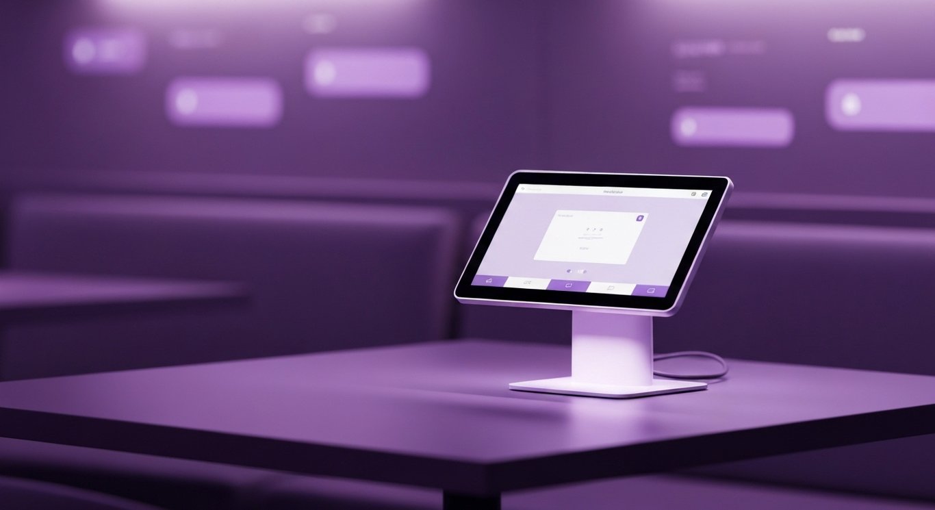Modern point of sale terminal on a restaurant table with soft purple lighting