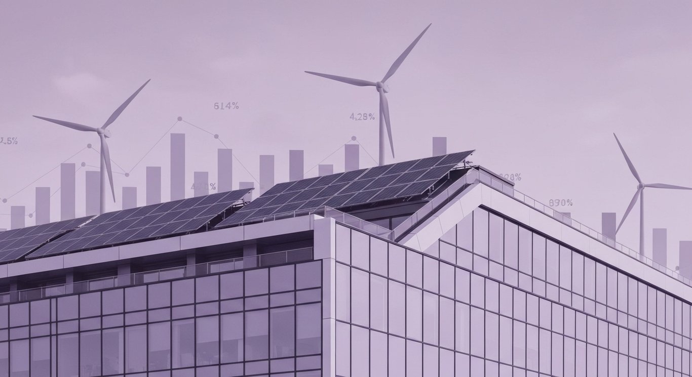 Modern office building with solar panels, city skyline, and distant wind turbines under a purple-tinged sky