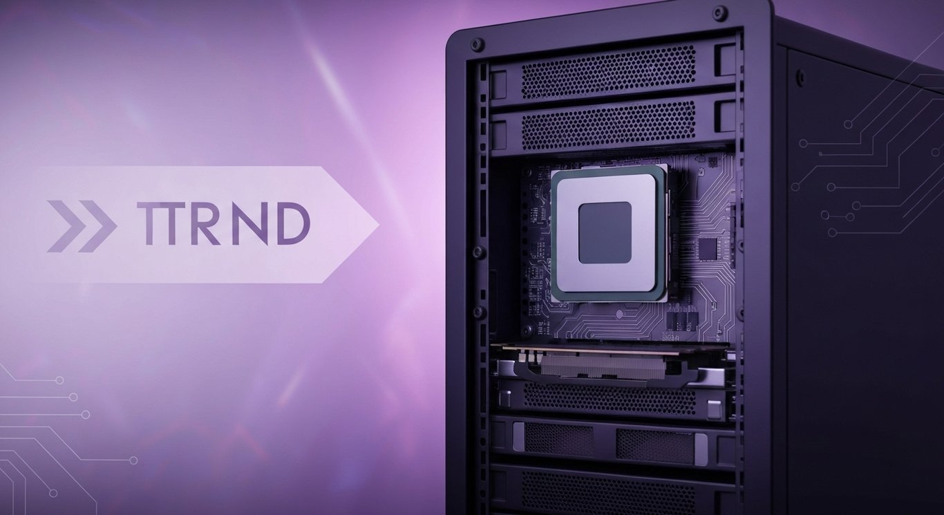 Server rack with processor chip and GPU card before abstract arrows and circuits on a soft purple gradient