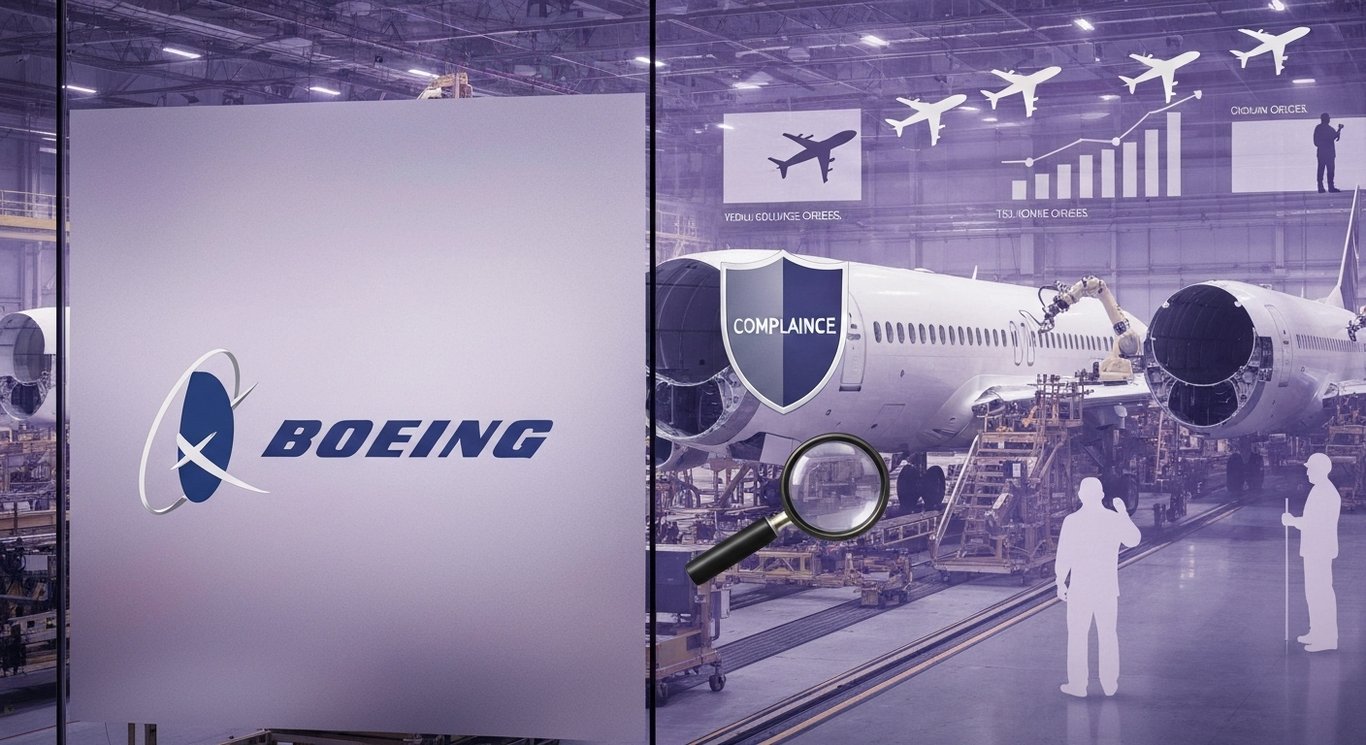 Boeing 737 MAX production ramp-up visualization with FAA oversight, labor dynamics, airline order flow, and financial health