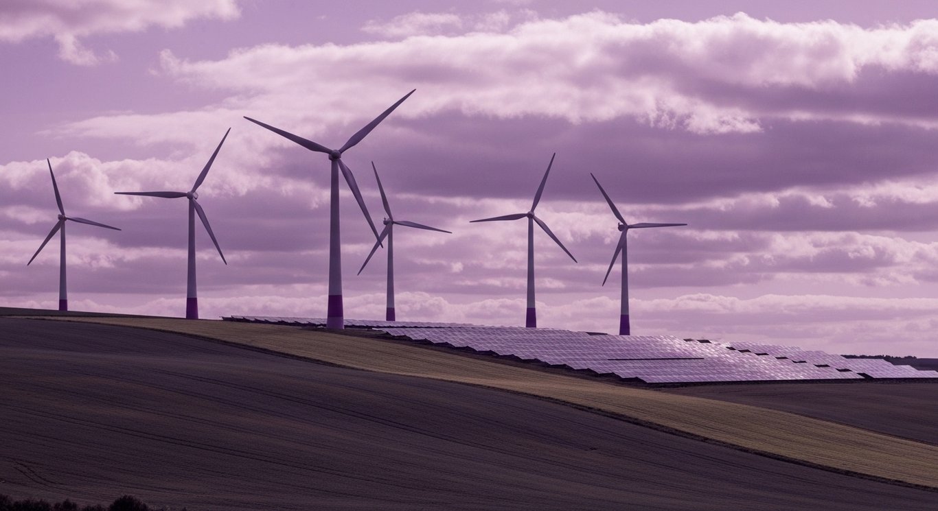 Row of wind turbines and solar panels on green fields beneath a partly cloudy sky