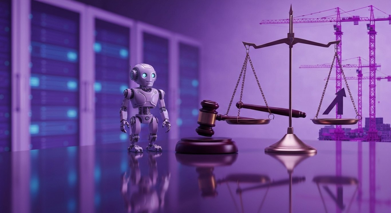 Metallic robot beside a balance scale with a gavel and rising arrow on a desk, with server racks and cranes in soft bokeh.