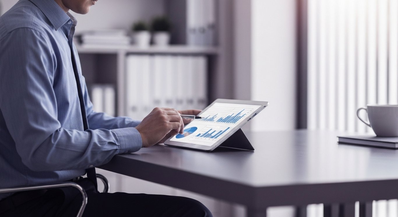 Business analyst at a desk analyzes digital charts with a purple gradient office backdrop