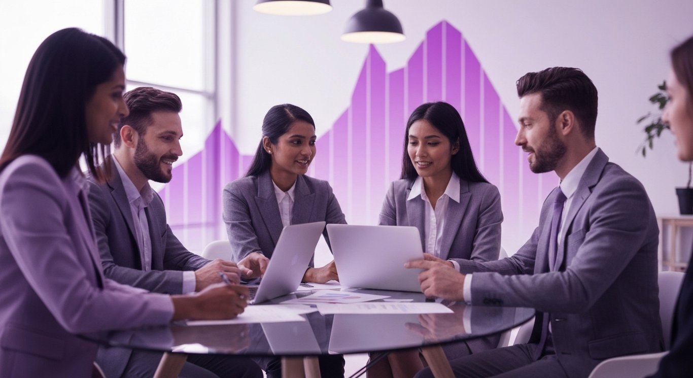 Group of business professionals using digital devices at a glass table with an abstract purple background