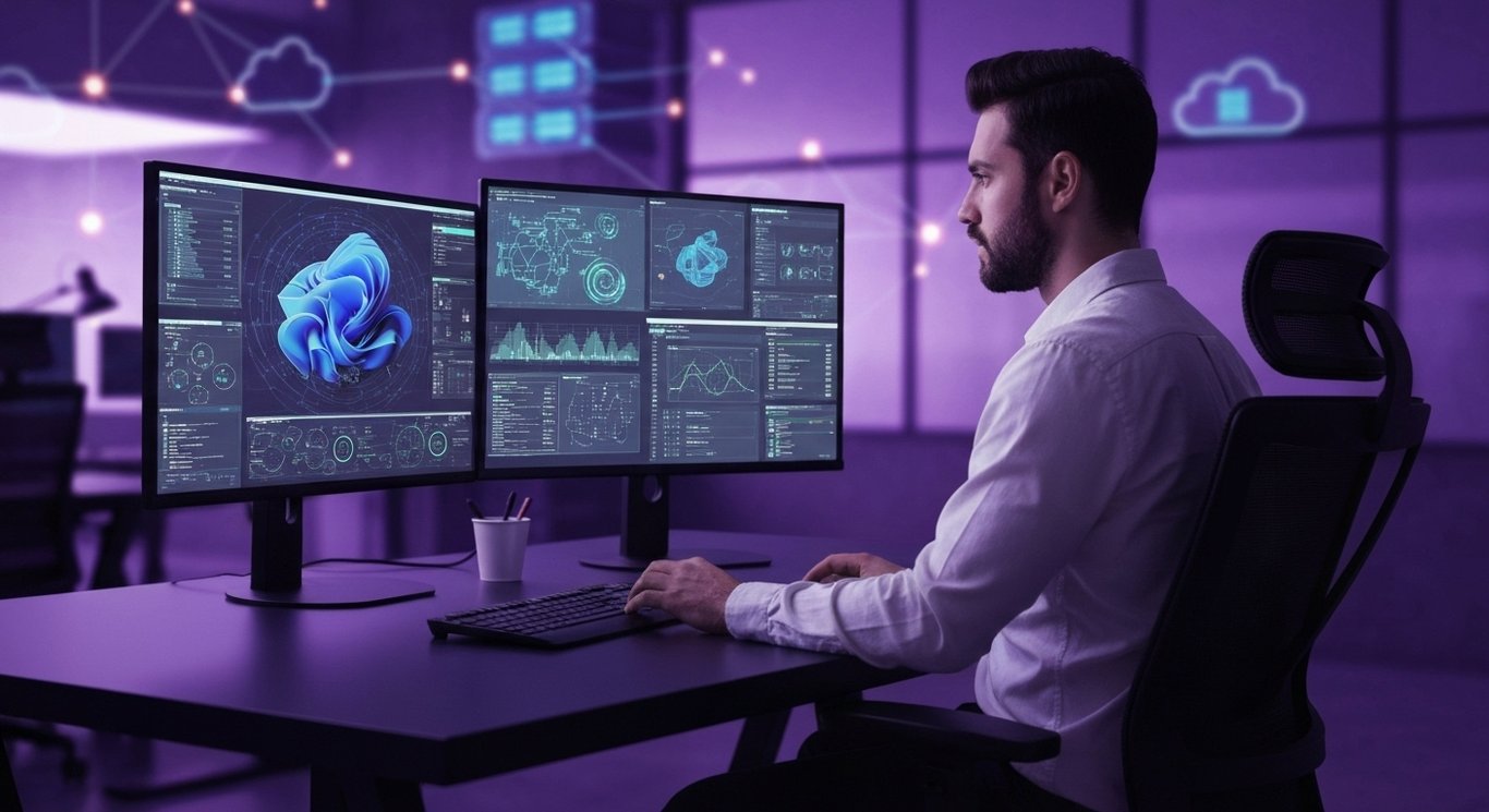 Cybersecurity analyst at modern workstation with abstract digital security visuals on multiple screens