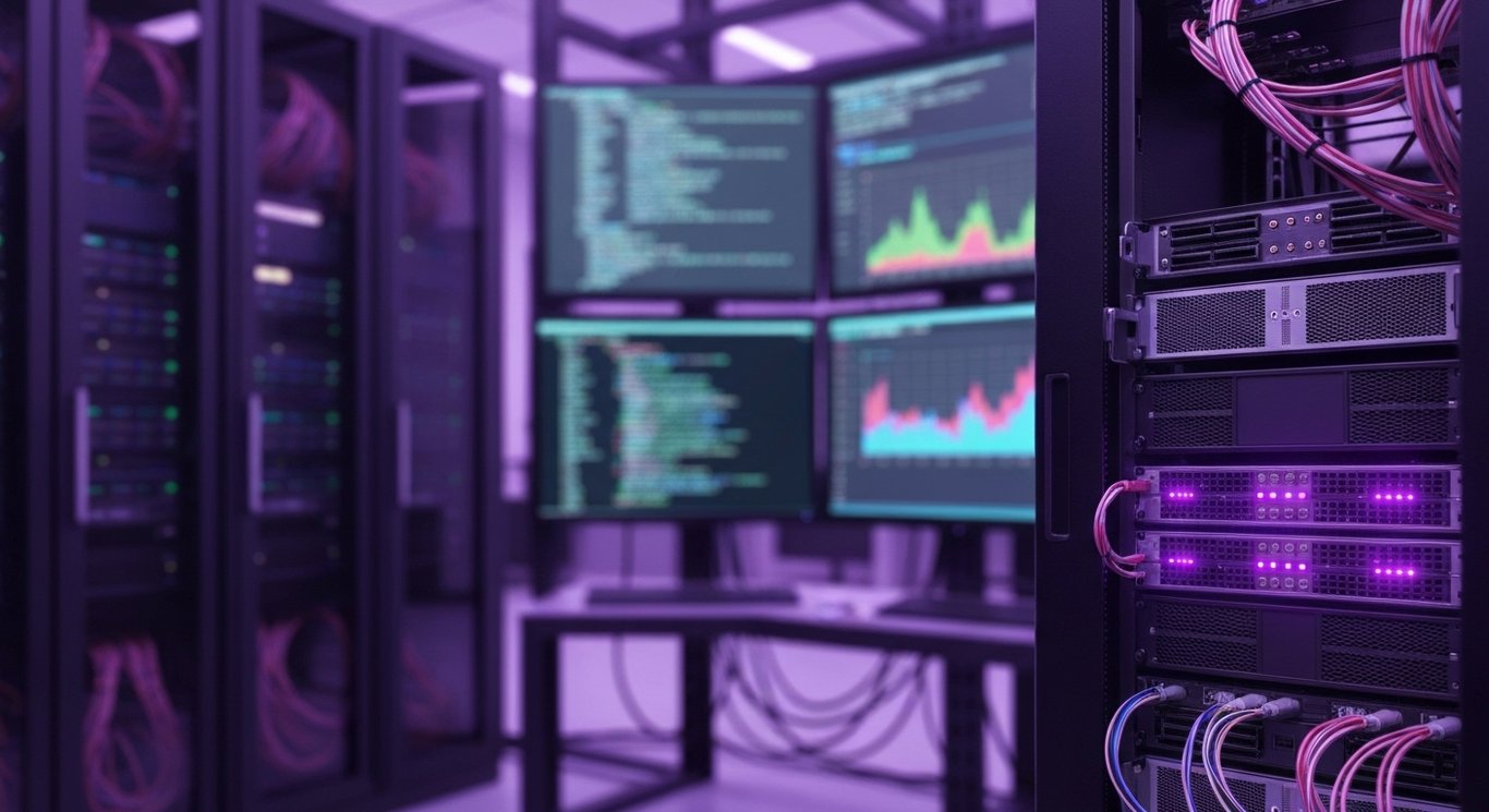 Server rack in a data center with glowing lights and a soft purple-themed background
