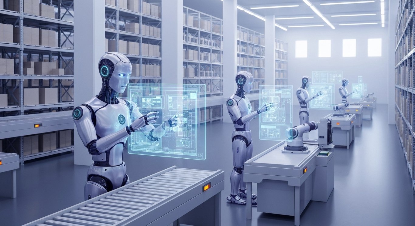 Futuristic robots interacting with digital screens in a high-tech warehouse with a purple color scheme