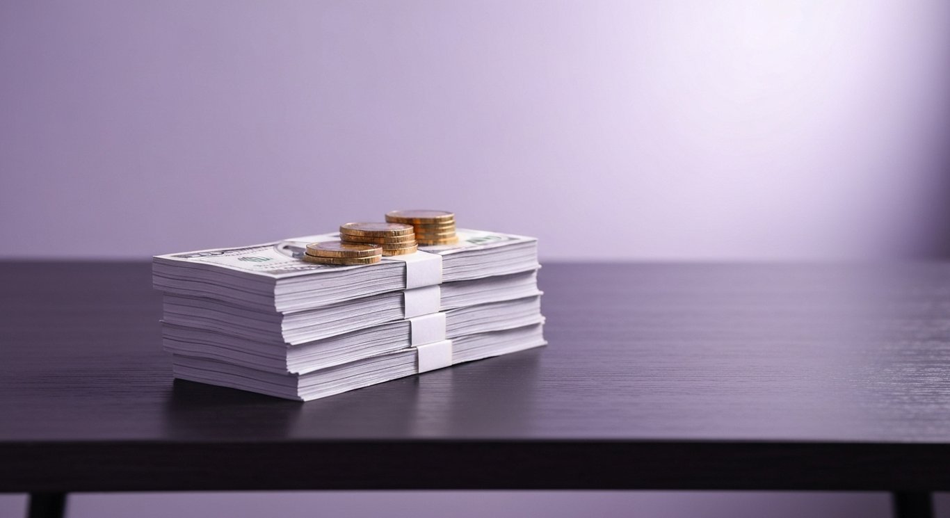 Stack of paper currency and coins on a modern desk with a soft purple gradient background