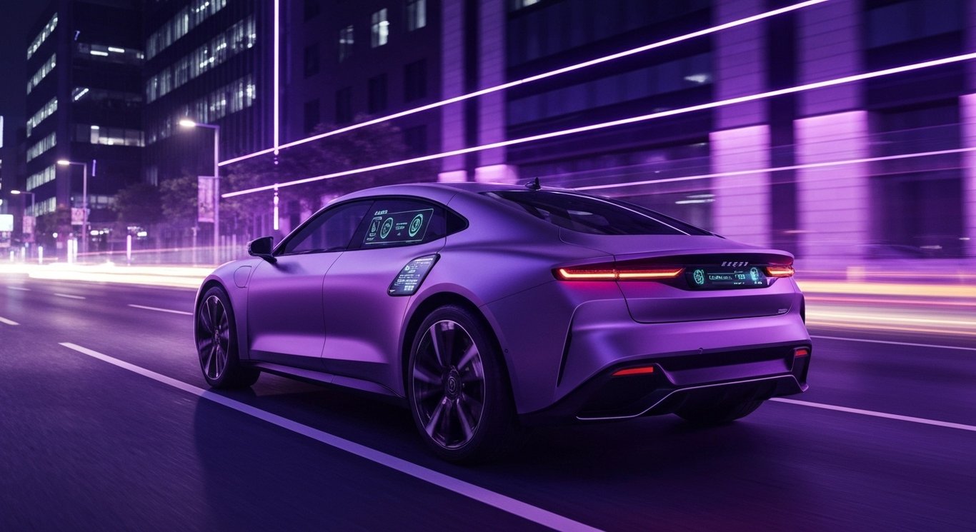 Electric vehicle with visible sensors driving on a modern city street at night with purple highlights