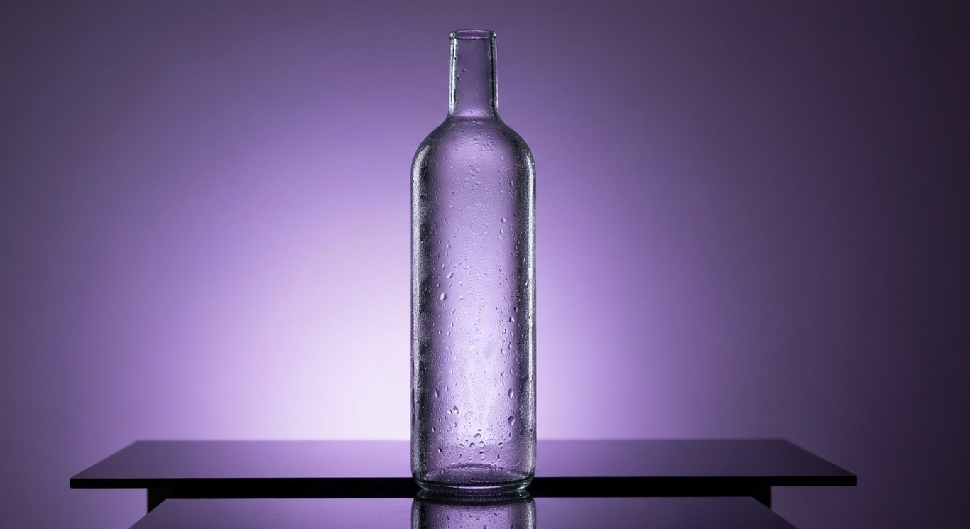 Premium glass water bottle on modern table against a soft purple gradient background