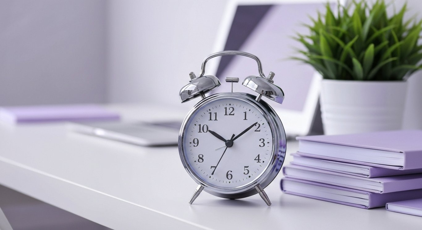 Silver alarm clock and planners on a white desk with a soft purple-themed background