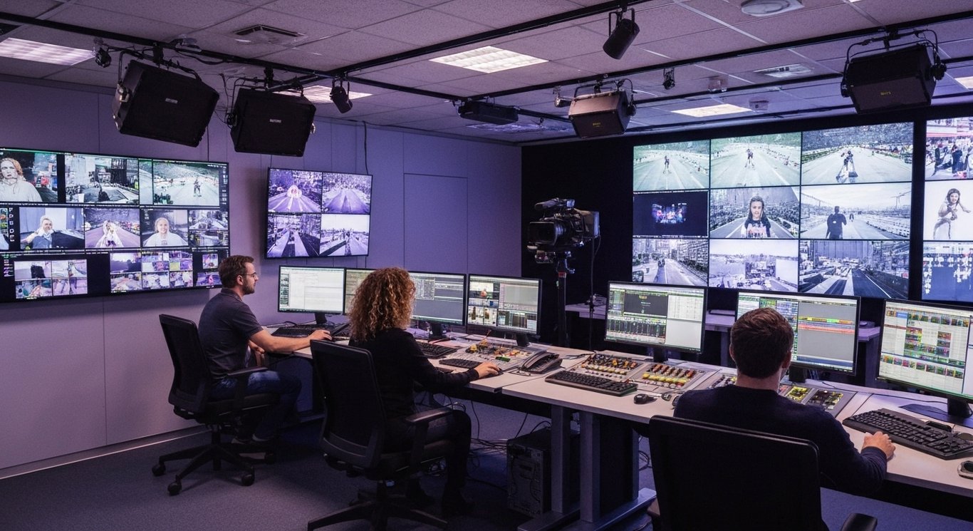 Broadcasting control room filled with screens displaying live events, people managing the feeds, purple lighting