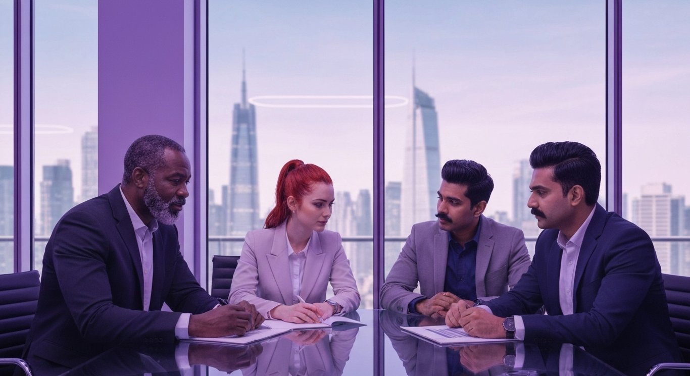 Group of professionals collaborating at a glass table with a futuristic city backdrop and purple lighting