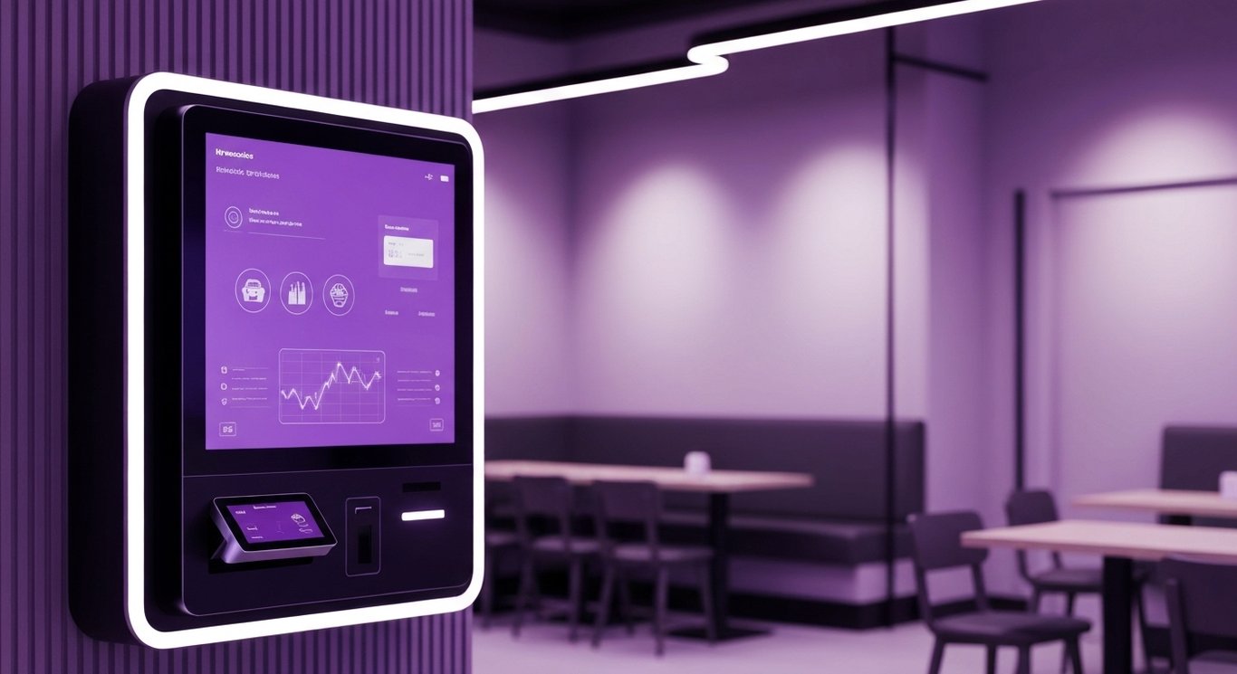 Ordering kiosk with digital screen in a fast food restaurant featuring subtle AI-inspired design accents