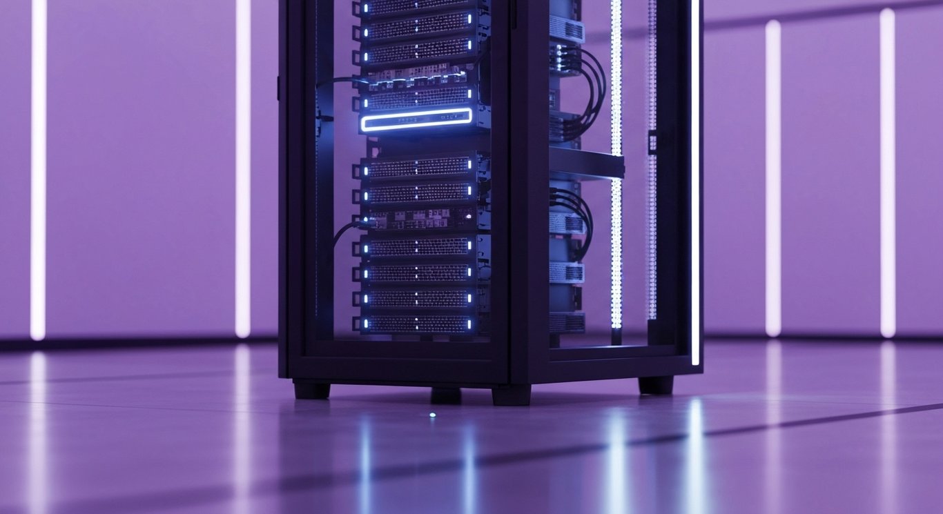 Cloud server rack glowing in a sleek data center with soft purple lighting