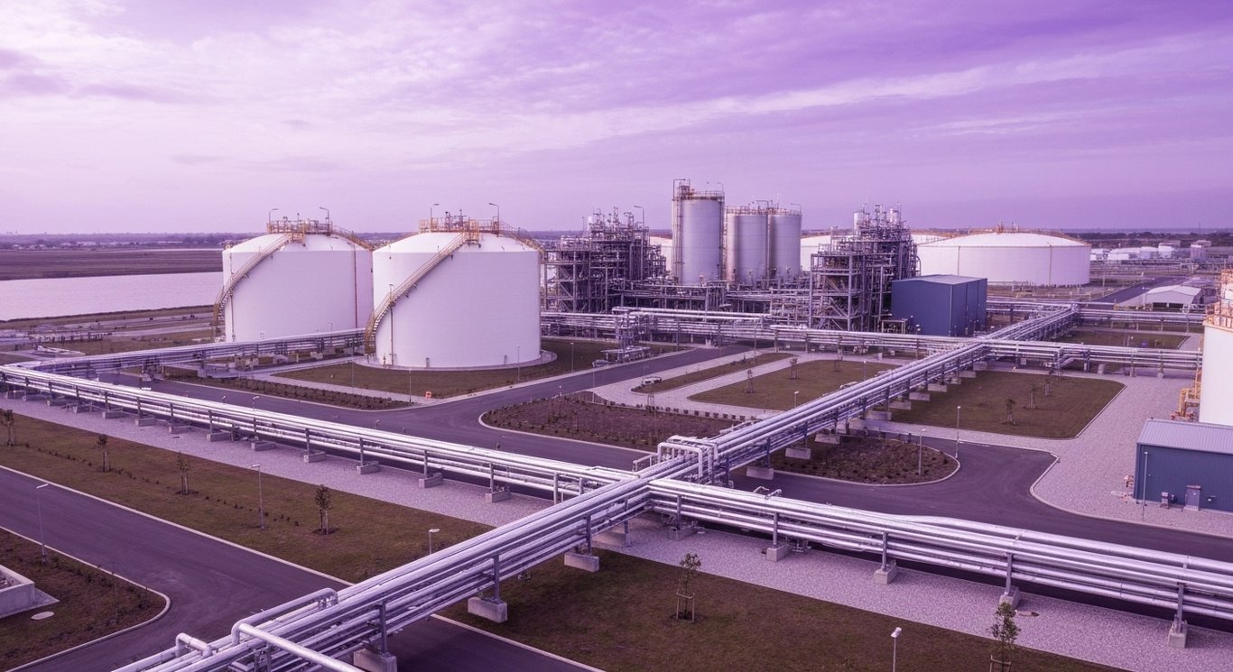 Modern liquefied natural gas plant with storage tanks and pipelines near a waterway, minimalist purple-toned scene