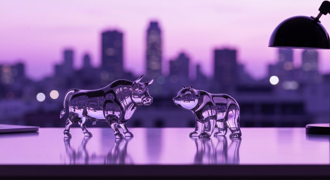 Figurines of a bull and bear on a reflective desk with soft purple city lights