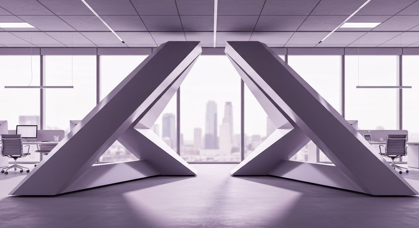 Modern office workspace featuring two abstract structures with a blurred cityscape in the background
