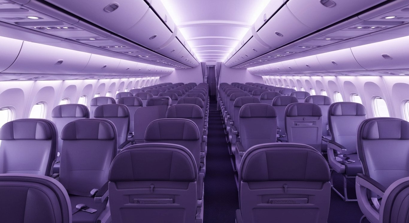 Modern passenger jet interior with assigned seating and subtle purple lighting