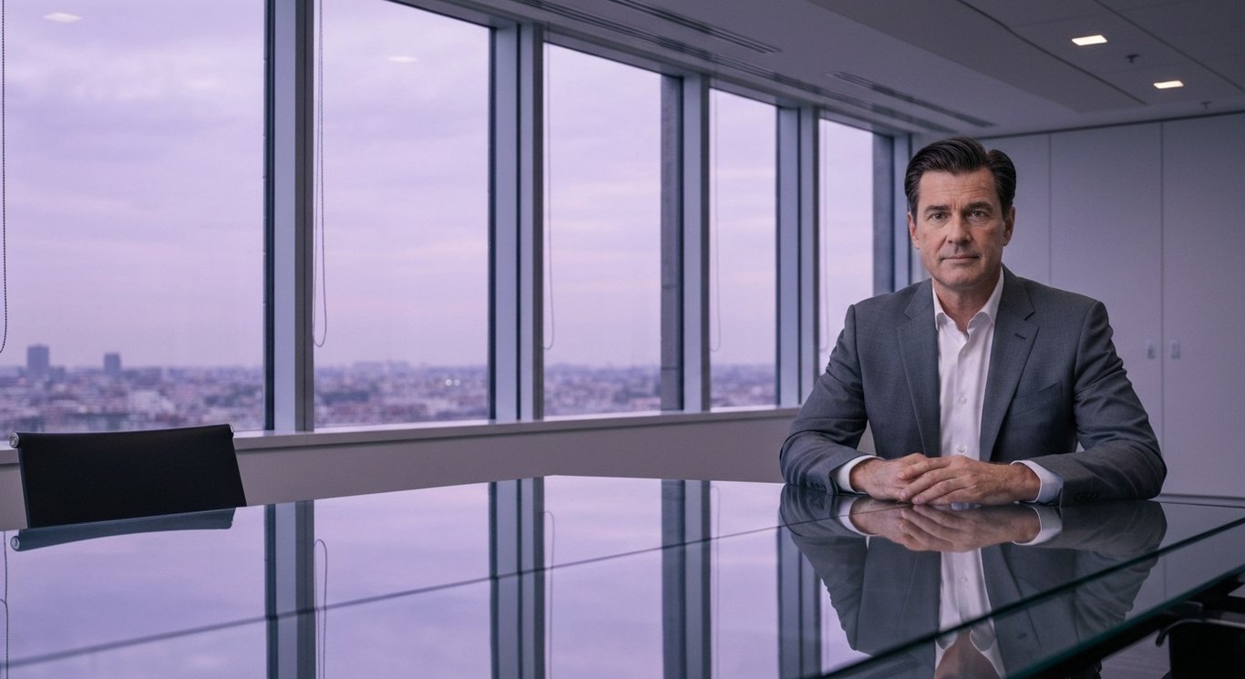 Business executive at a glass table in a modern office with city view and a soft purple color scheme