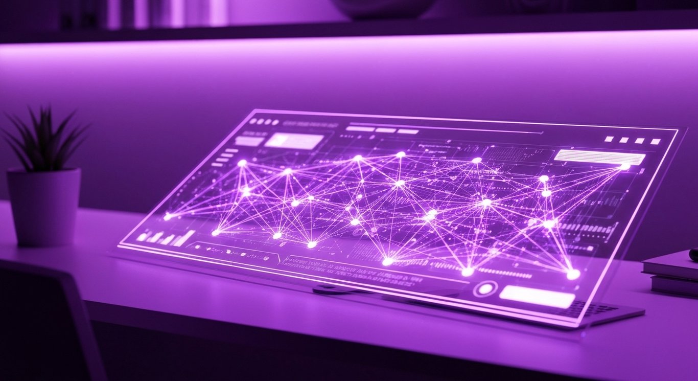 Abstract AI interface with digital network connections in a futuristic workspace with purple ambient lighting