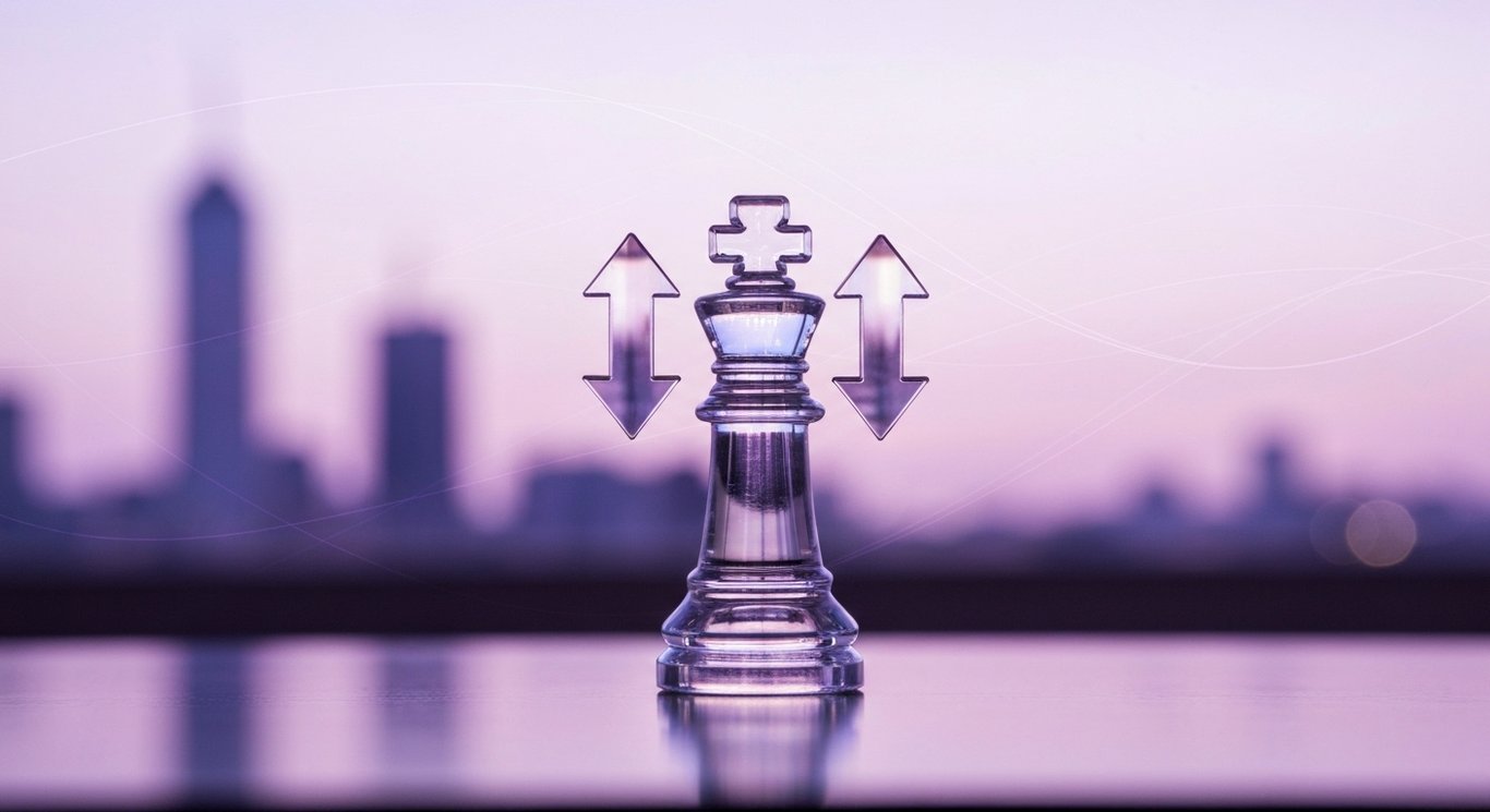 Chess king with up and down arrows on reflective desk, soft city skyline bokeh and abstract lines in purple tones