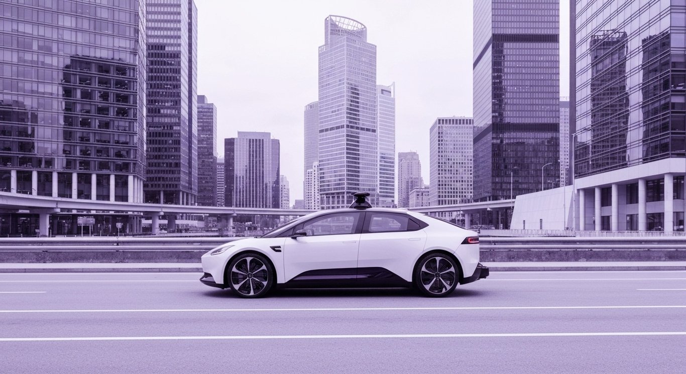 Futuristic autonomous vehicle prototype in a modern city with sleek purple-tinted buildings and roads