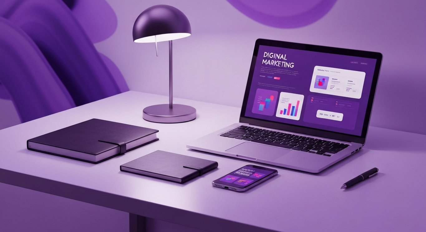 Modern laptop and smartphone with digital marketing visuals on a tidy desk, purple hues in the background