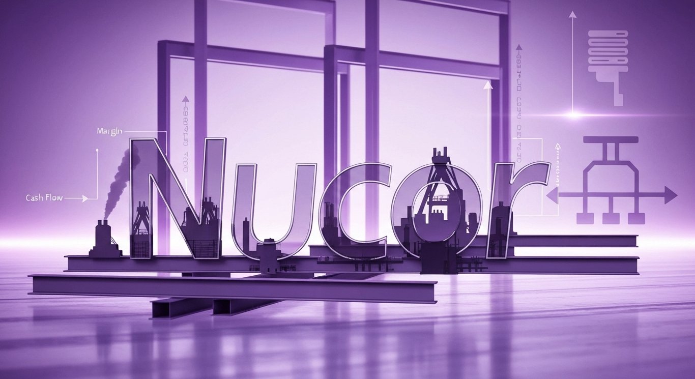 Nucor Q2 earnings with Berkshire stake visualized, steel mill and data-center demand, margins and capex trends in a purple‑h.