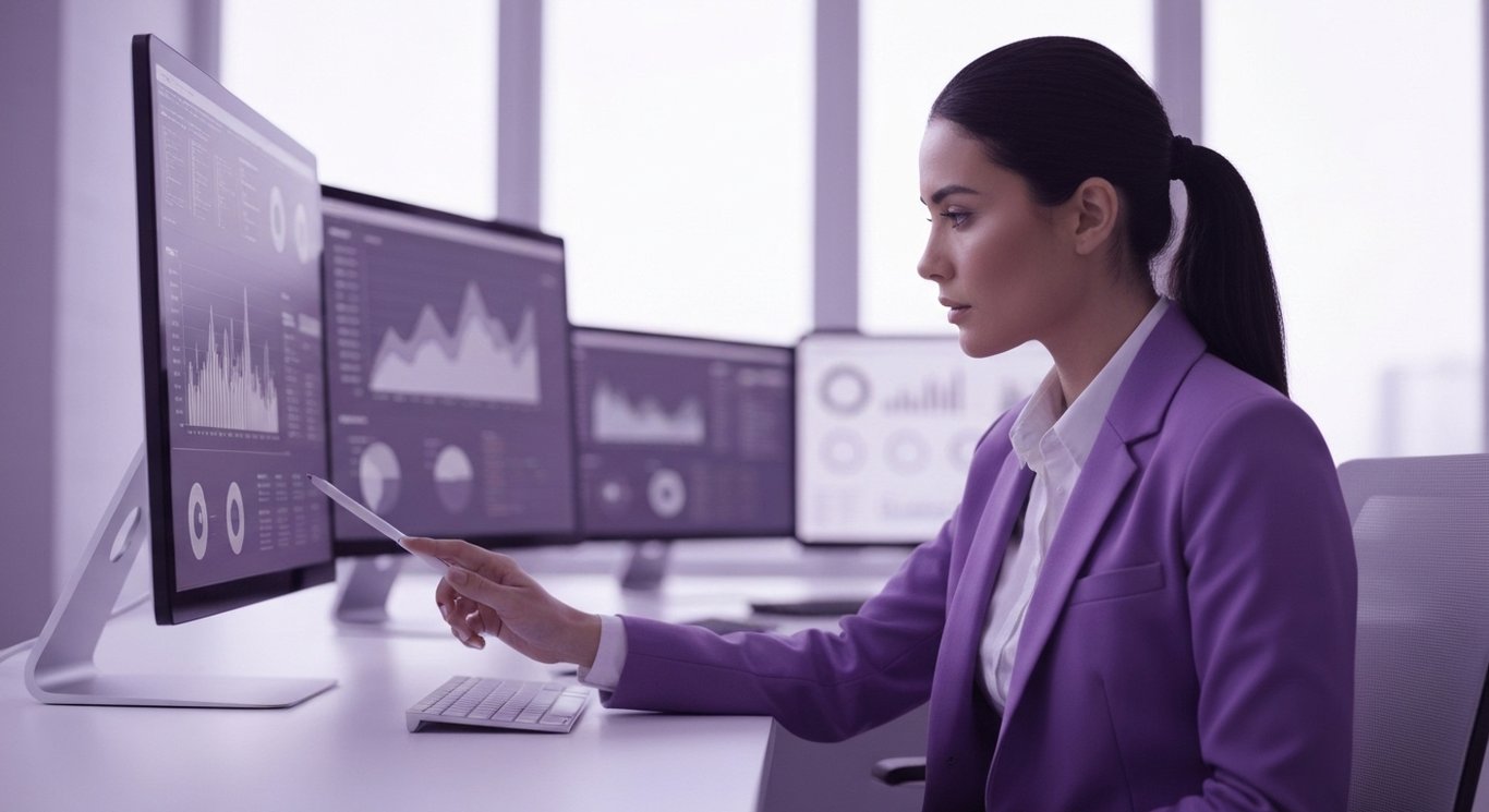 Businesswoman analyzing digital graphs at her desk with a blurred purple-toned office background