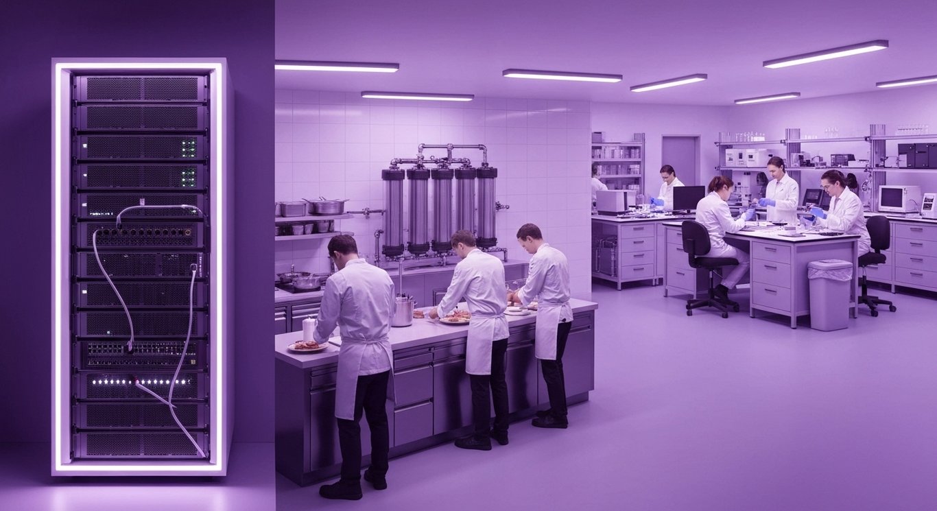 Modern server racks and restaurant kitchen with advanced water filtration equipment in a softly lit purple space