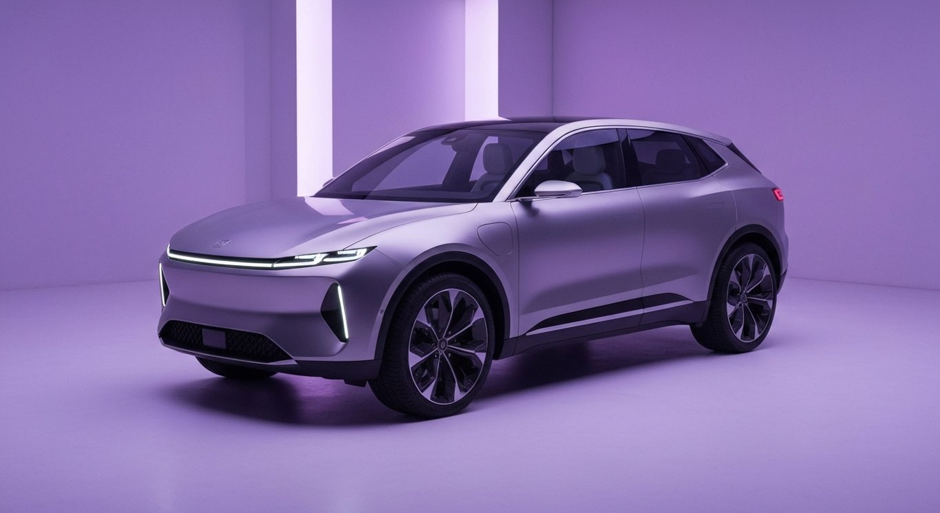 Electric SUV concept vehicle displayed in a modern studio with purple lighting