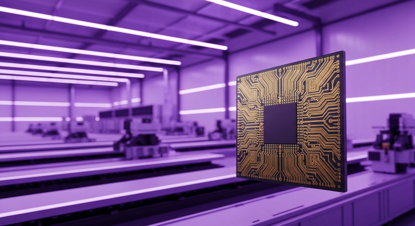 Advanced semiconductor chip with gold circuits in a futuristic purple-lit fabrication facility