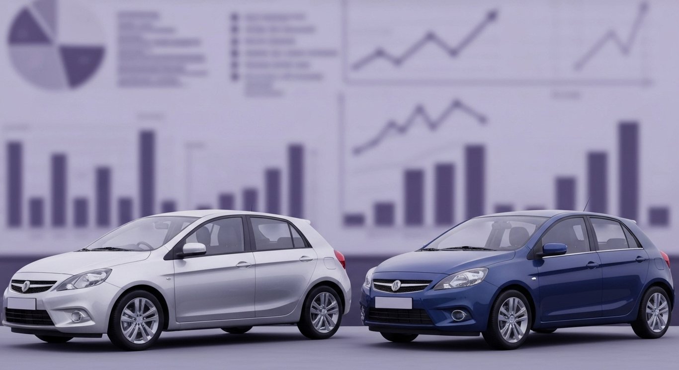 Two cars side by side in front of a blurred office background with hints of purple