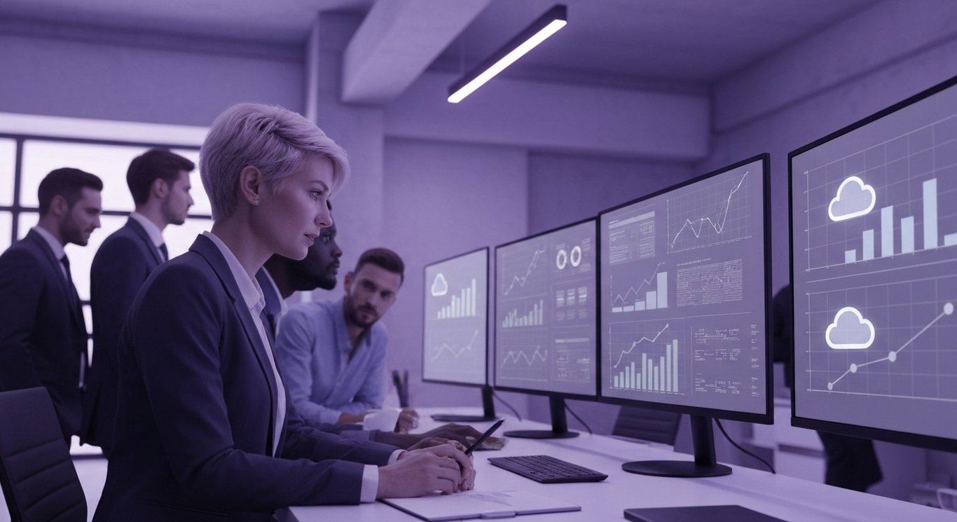 Business professionals interact with digital graphs and cloud icons in a modern office with a purple hue