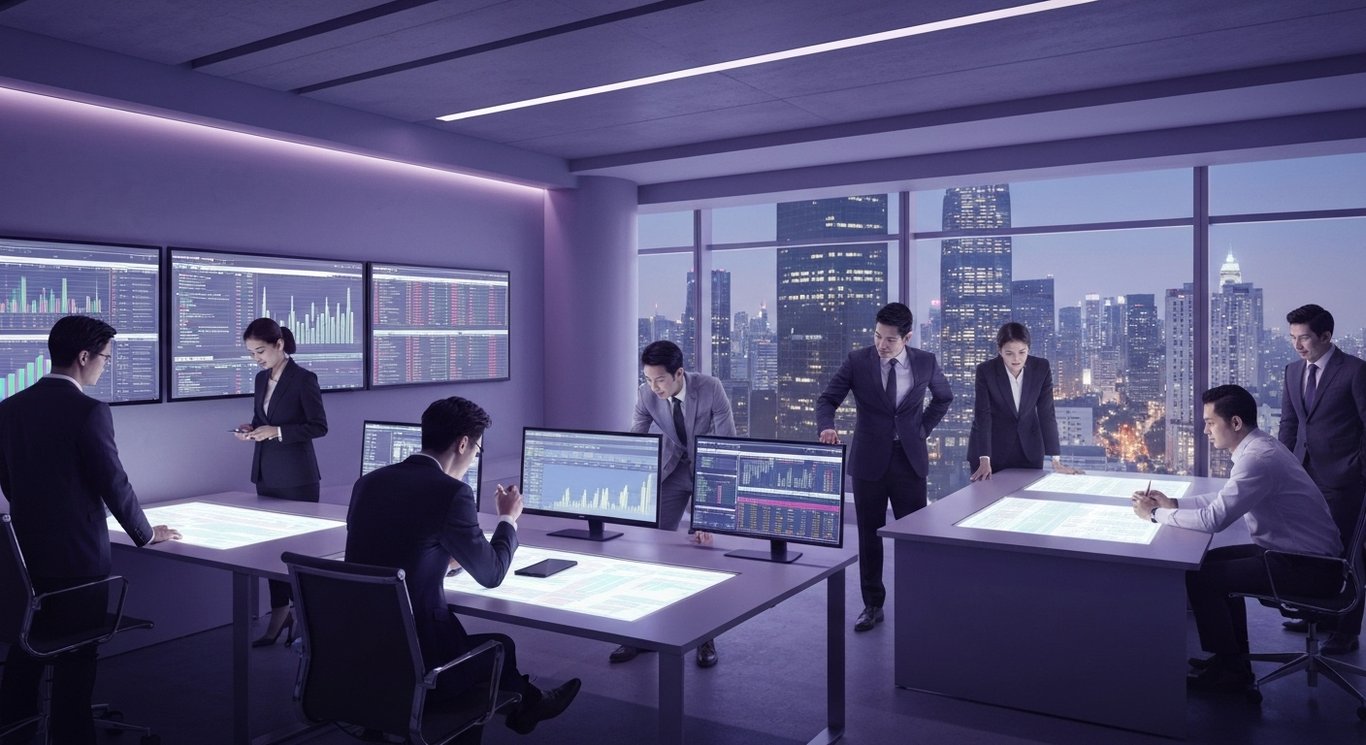 Businesspeople in a modern office analyzing data on digital screens with a city skyline visible through large windows