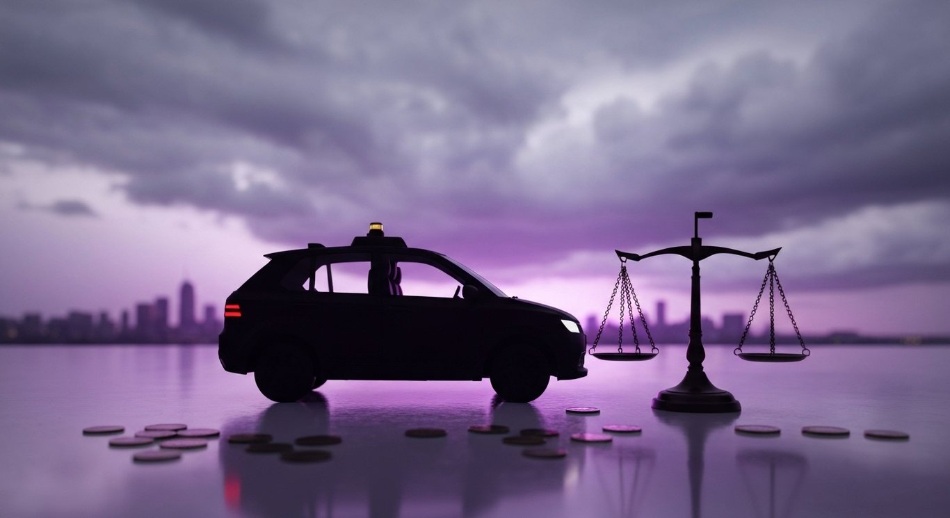 Scales of justice beside an autonomous car silhouette on a reflective surface with scattered coins under stormy clouds