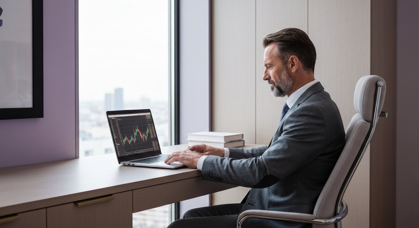 Business professional studies stock chart on laptop in elegant home office with purple accents