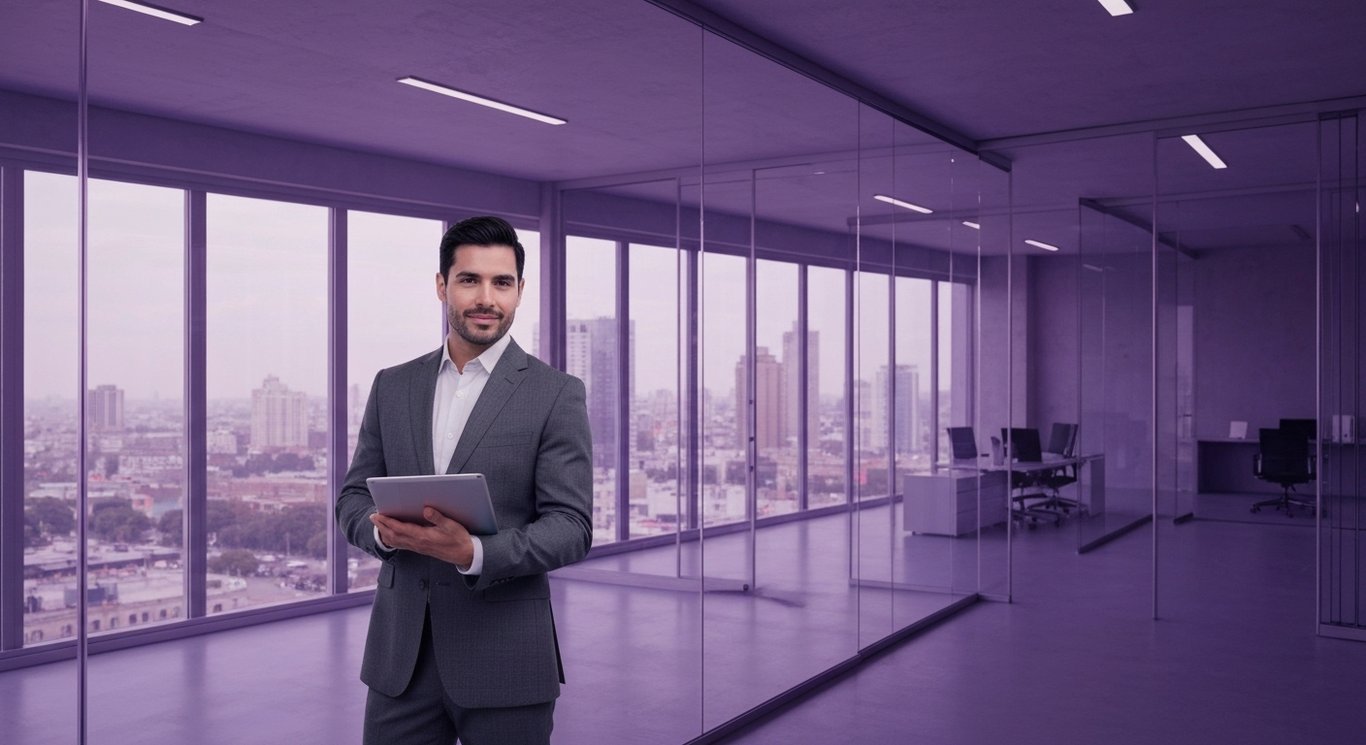Businessperson holding a tablet in a modern office with purple lighting