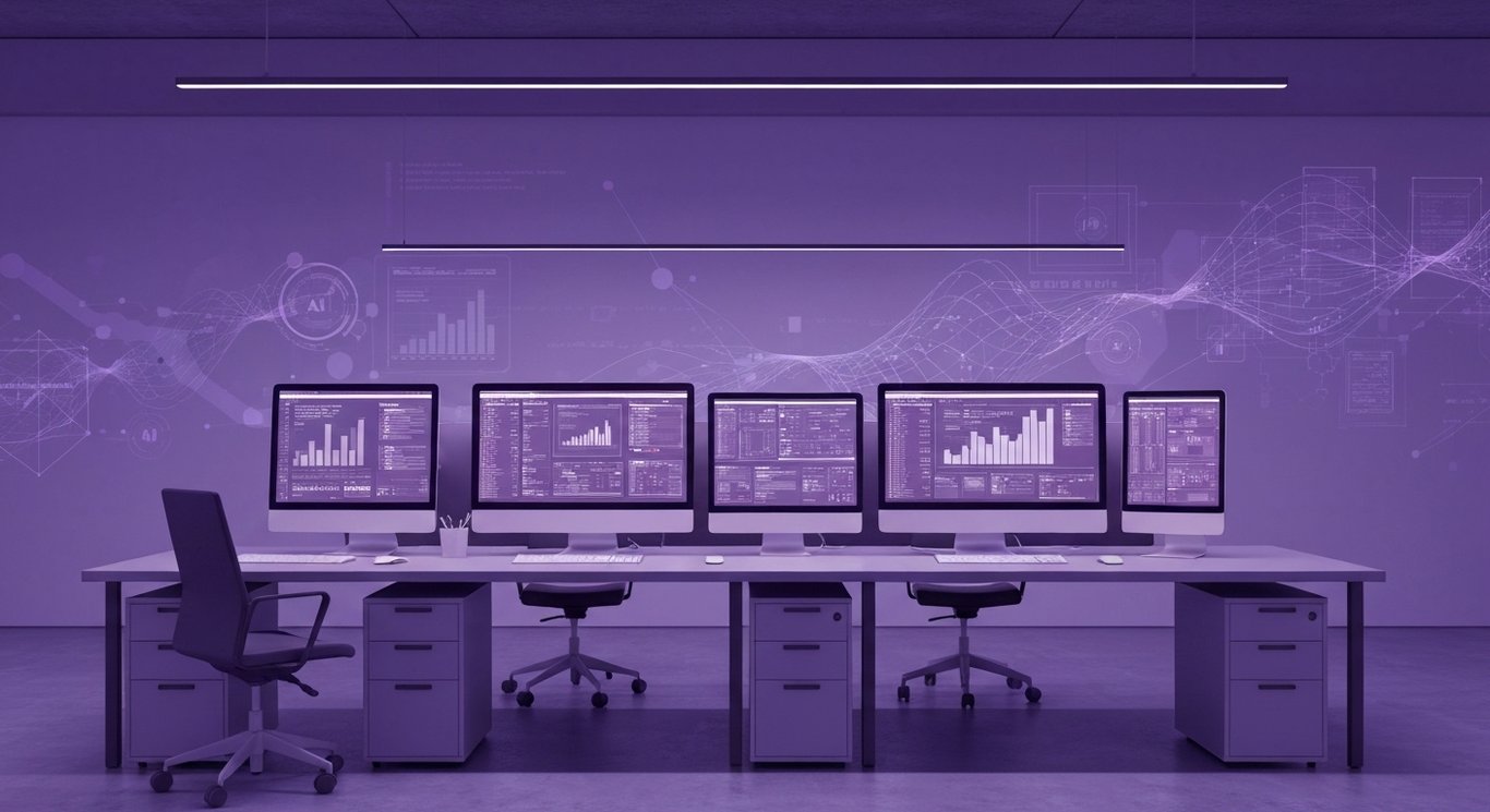 Modern office workspace with digital screens showing abstract financial and AI elements on a purple background
