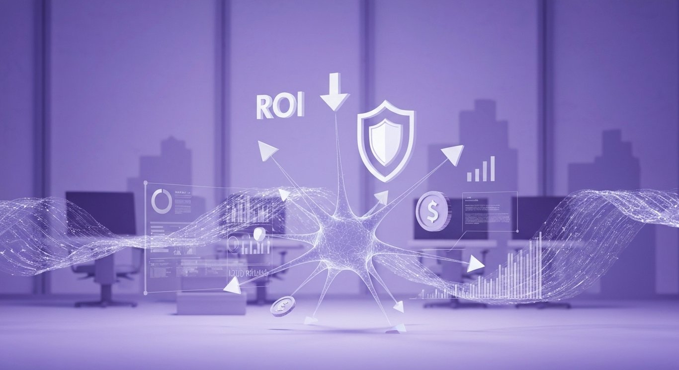 AI adoption strategy for mid-market firms with data and risk icons, maximizing ROI and clarifying implementation costs for a