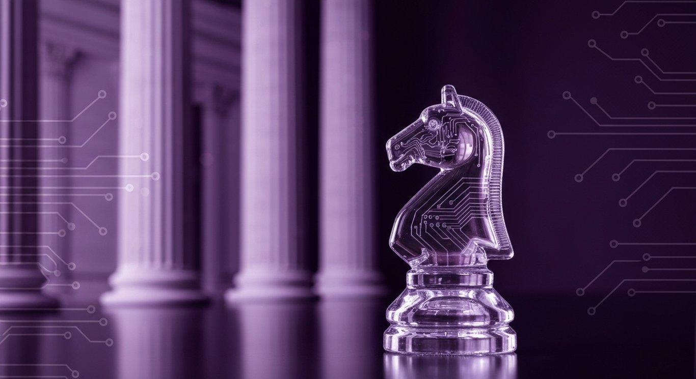 Glass chess knight on reflective surface with blurred courthouse columns and circuit grid bokeh